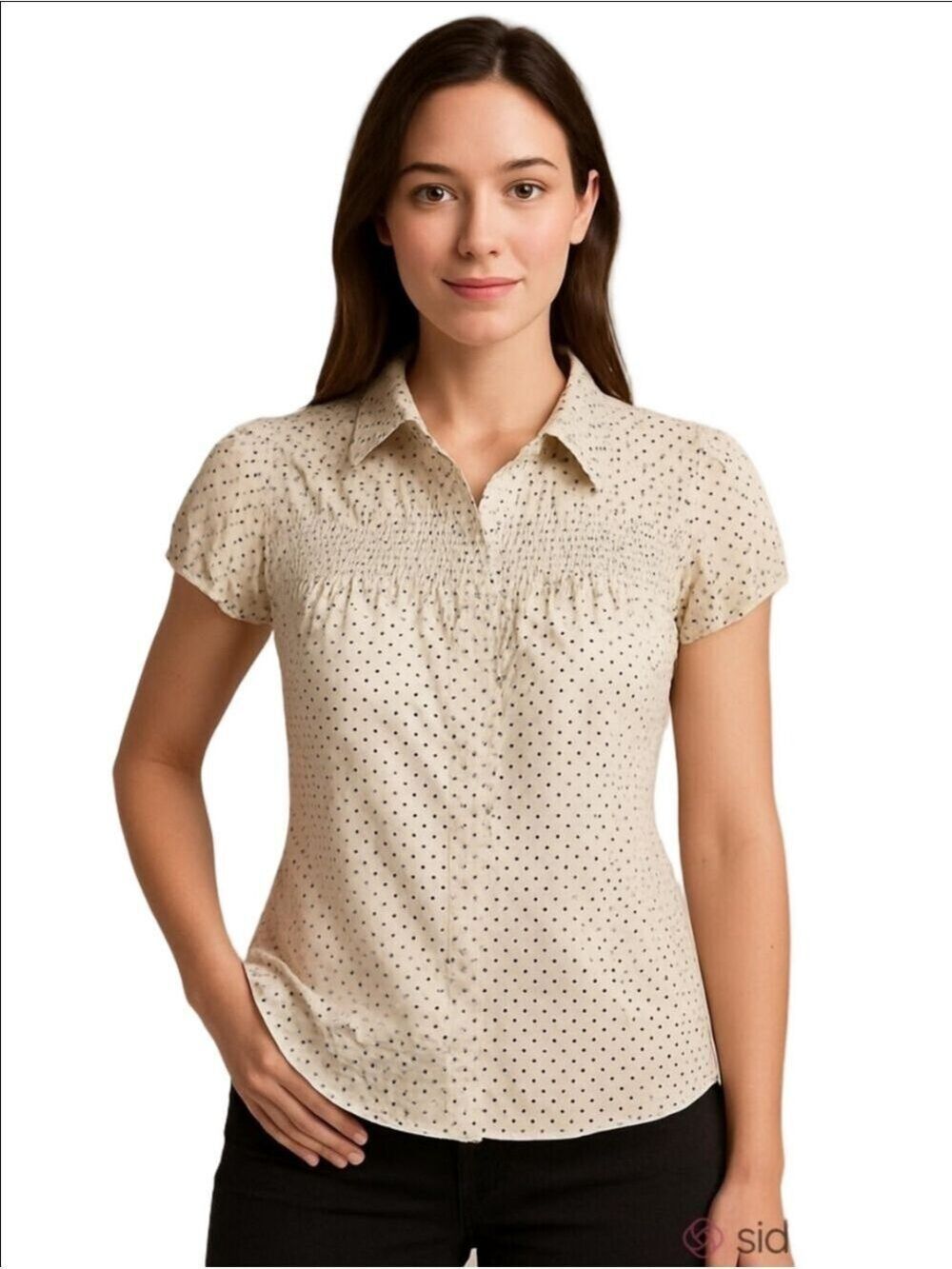 Midtown White Black Polka Dot Button Front Shirt Large